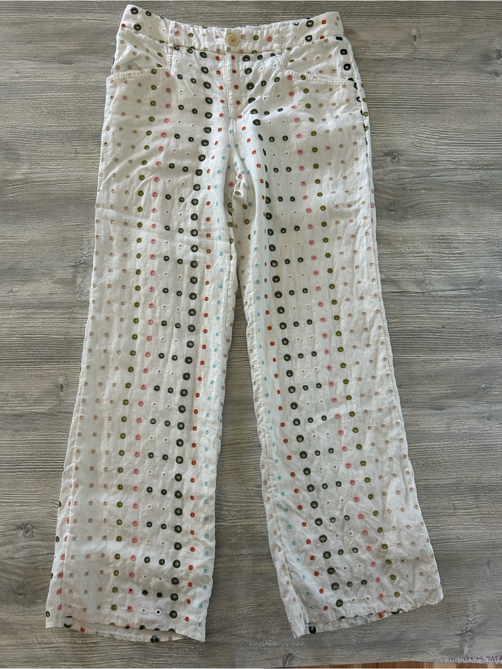 Anthropologie Linen Embroidered Eyelet Wide-Leg Pants White